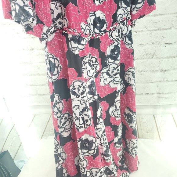 Dyvna Womens Pink Graphic Flower Semi Sheer 3/4 Sleeve Ruffle Sheath Dre… - Picture 3 of 13